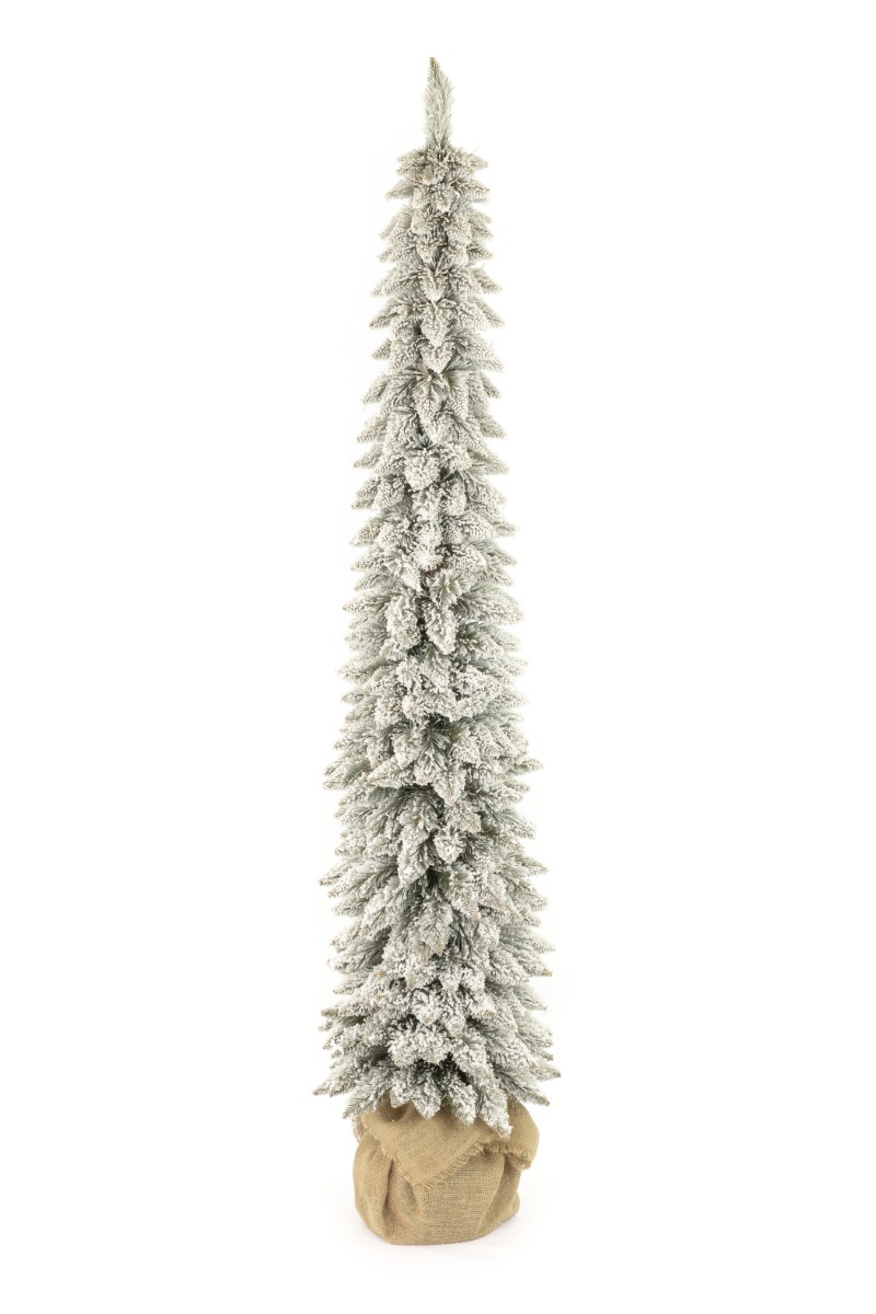 Choinka o bardzo wąskiej, pionowej sylwetce, która rozszerza się delikatnie ku dołowi, u podstawy drzewka znajduje się stabilna doniczka, owinięta materiałem jutowym, co nadaje jej naturalnego, rustykalnego wyglądu.